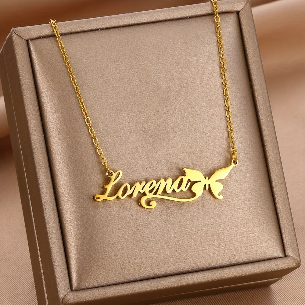 Women's Personalized Stainless Steel Butterfly Ribbon Name Pendant Necklace